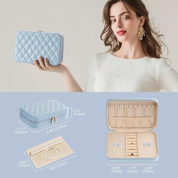 Lolalet Travel Jewelry Case for Women Girls, Travel Jewelry Organizer Box with Mirror & Clear Storage Bag, Small Portable Earring Necklace Bracelet Ring Case, Birthday Christmas Gifts -Medium, Blue