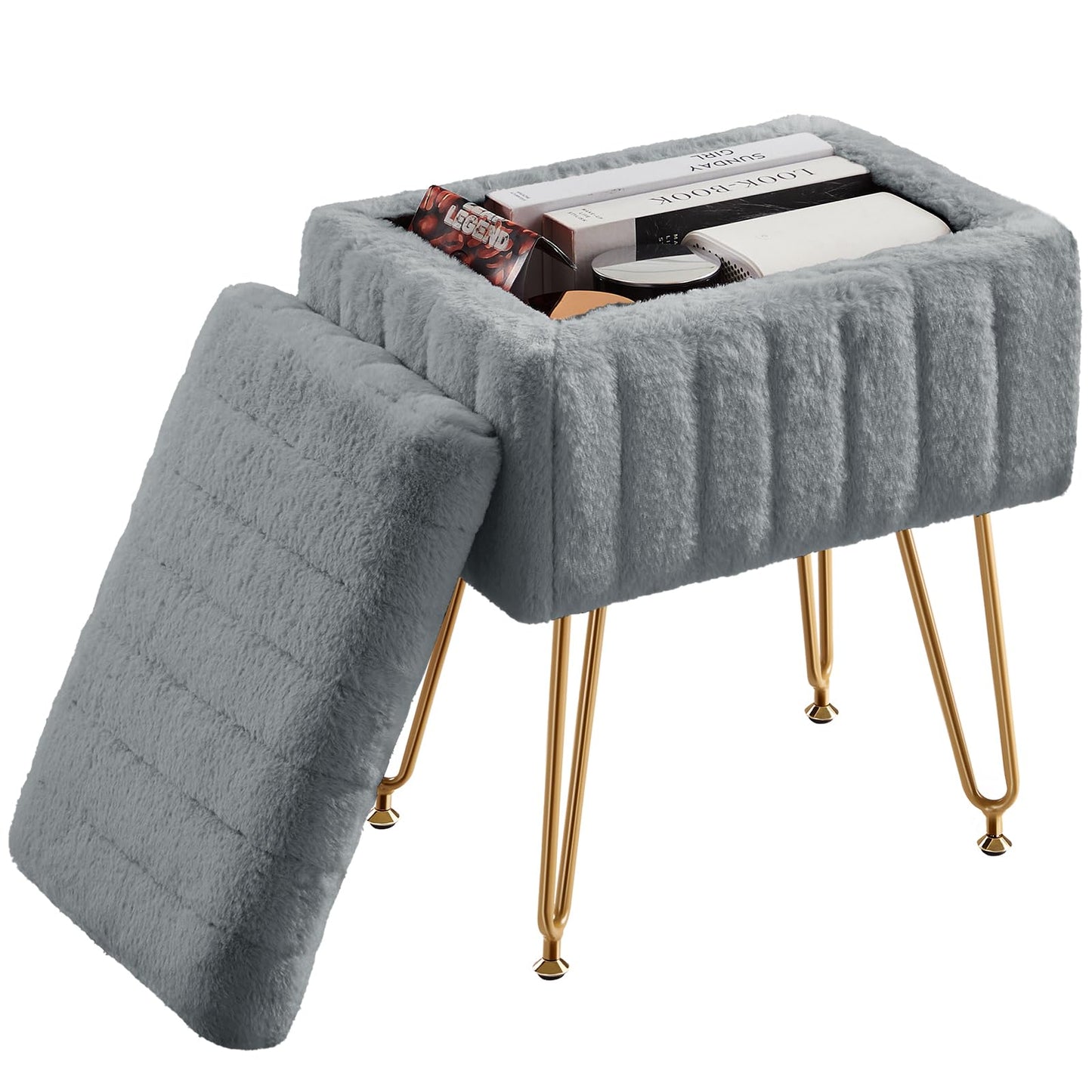 Sweetcrispy Vanity Stool Chair with Storage, 18.9”H x 16”L x 12.2”W Ottoman Chair Faux Fur Soft Padded Makeup Footstools Seat with 4 Metal Legs Anti-Slip Adjustable Feet for Make Up, Grey