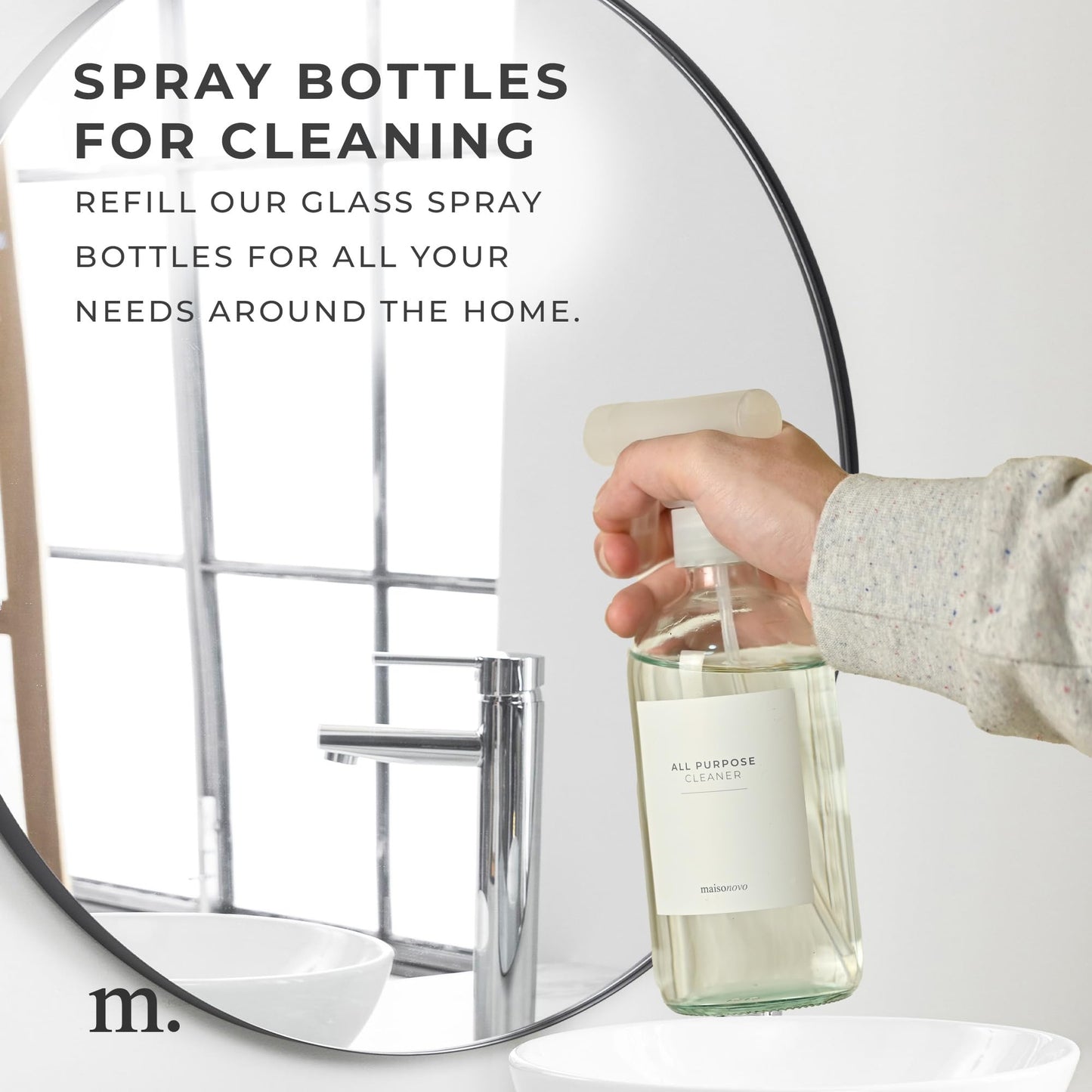 MaisoNovo Glass Spray Bottles 16 Oz Pack of 2 - Clear Spray Bottles for Cleaning Solutions with Fortified Glass & Fine Mist - Ideal for Cleaning, Disinfecting, Home, Office & Commercial Use - 16 Label
