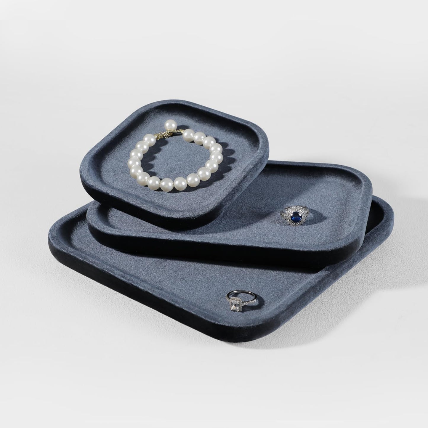 Dansmiy Resilient Velvet Jewelry Display Tray for Ring Earrings Bracelet Necklace, Flat Jewellery Dish for Showcase Store Retail Counter Exhibition Photography Livestream (Slate Gray, Large)