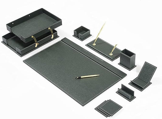 MOOGCO Bonded Set Luxury Leather Desk Pad & Desk Organization Essentials Desk Organizer Leather Desk Organizer (Green)