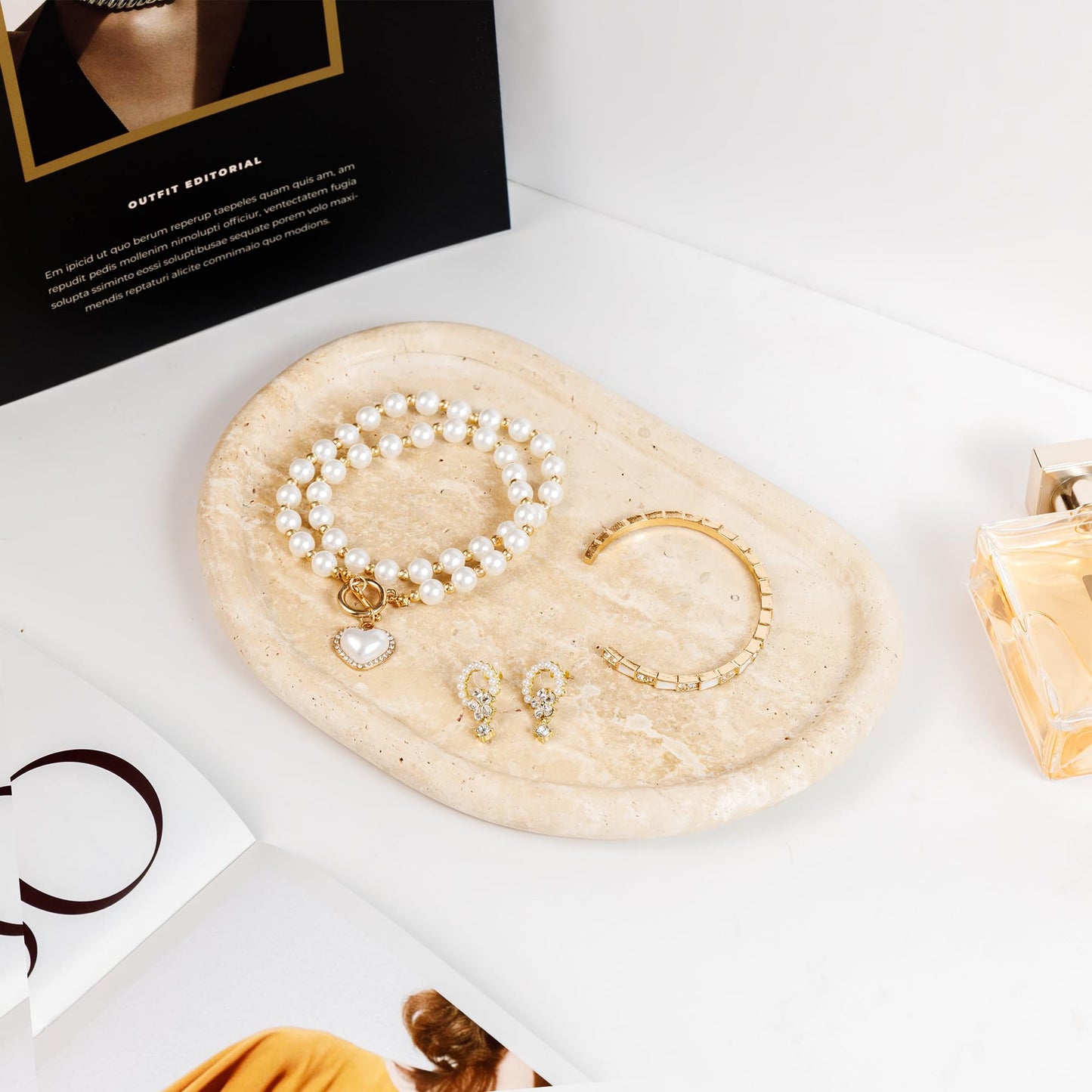 N NANSHOP Natural Travertine Tray, Special-Shaped Jewelry Tray, Marble Ring Dish for BathroomCountertop, Nightstand,Dressing Table, Bedside Table, Home Decor, Beige(Middle)(NS025)