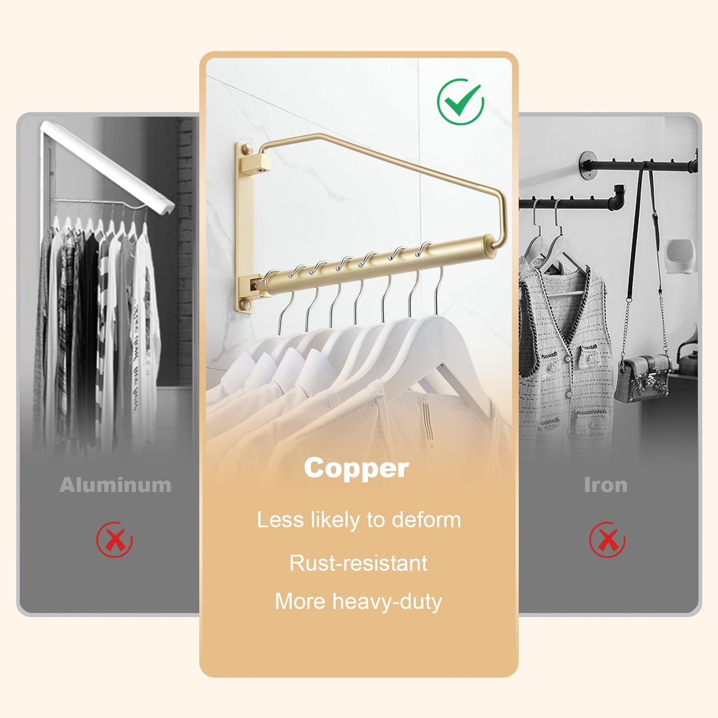 Hiendure Folding Clothes Hanger Gold Brushed Drying Clothes Rack Wall-Mounted Space Saver for Laundry Room Closet, Brass, 12 Inch
