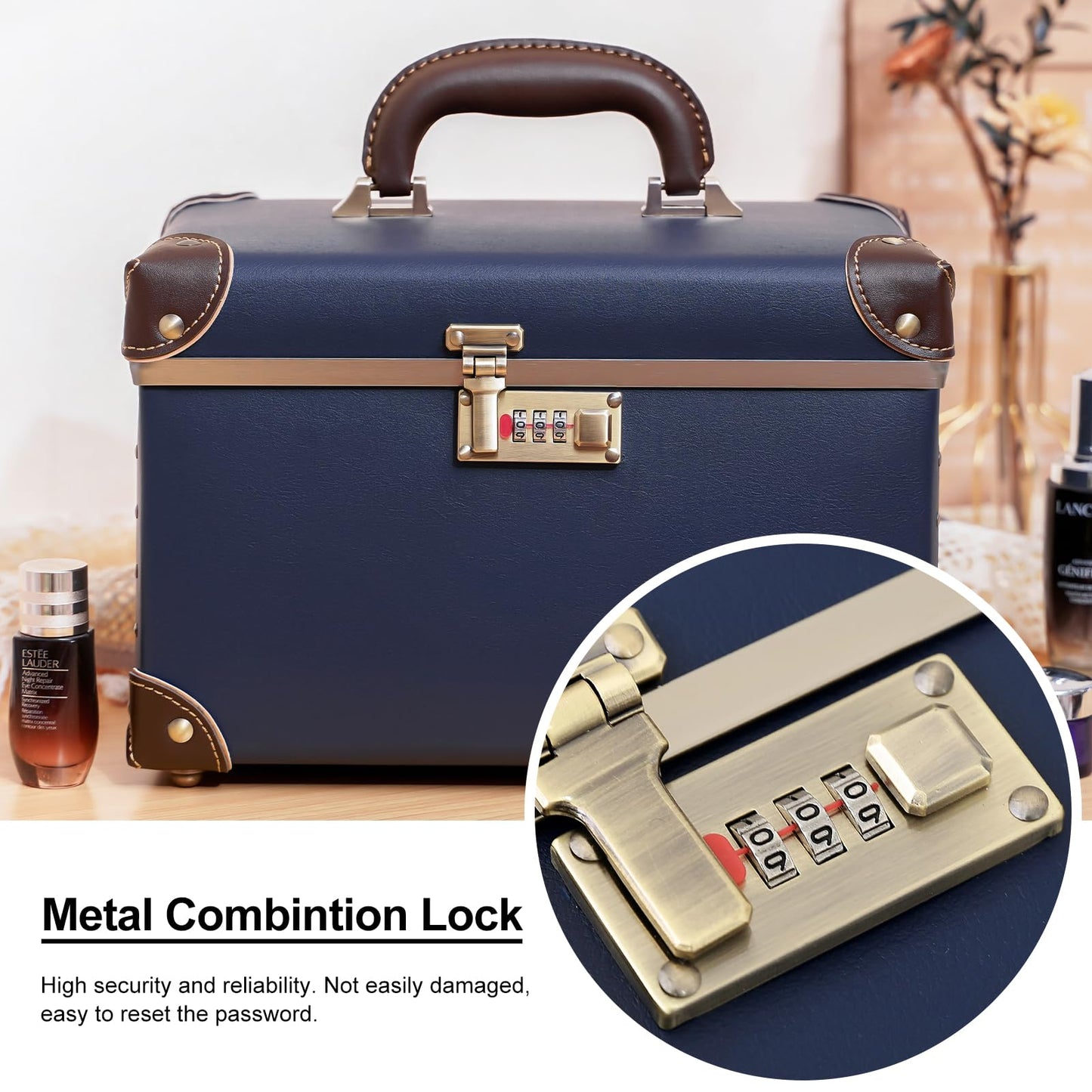 urecity Vintage Makeup Train Case, Navy Blue Artificial Leather, Professional Cosmetic Organizer with Metal Combination Lock, Retro Style Storage Box