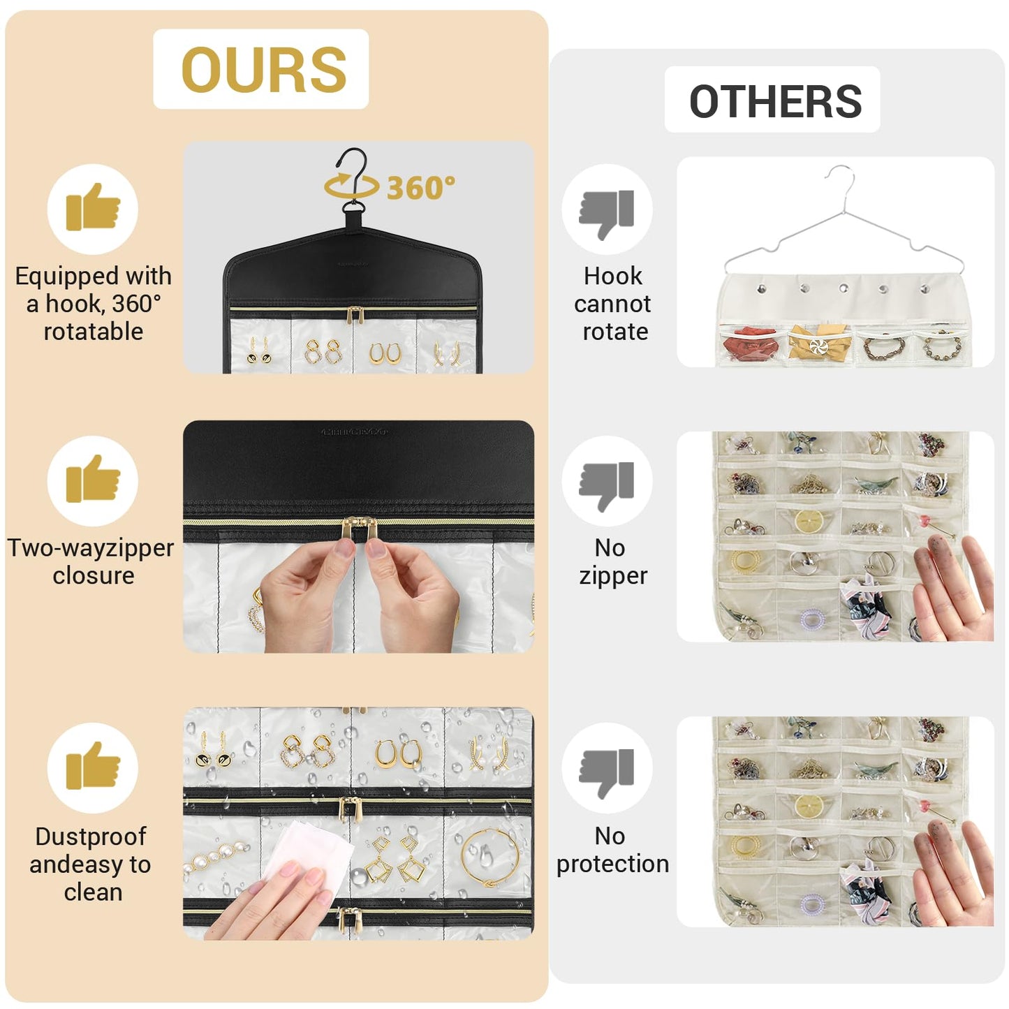 CHICECO Hanging Jewelry Organizer With Zippered Pockets,40 Pockets Travel Jewelry Organizer Storage for Cloest,Wall,Door