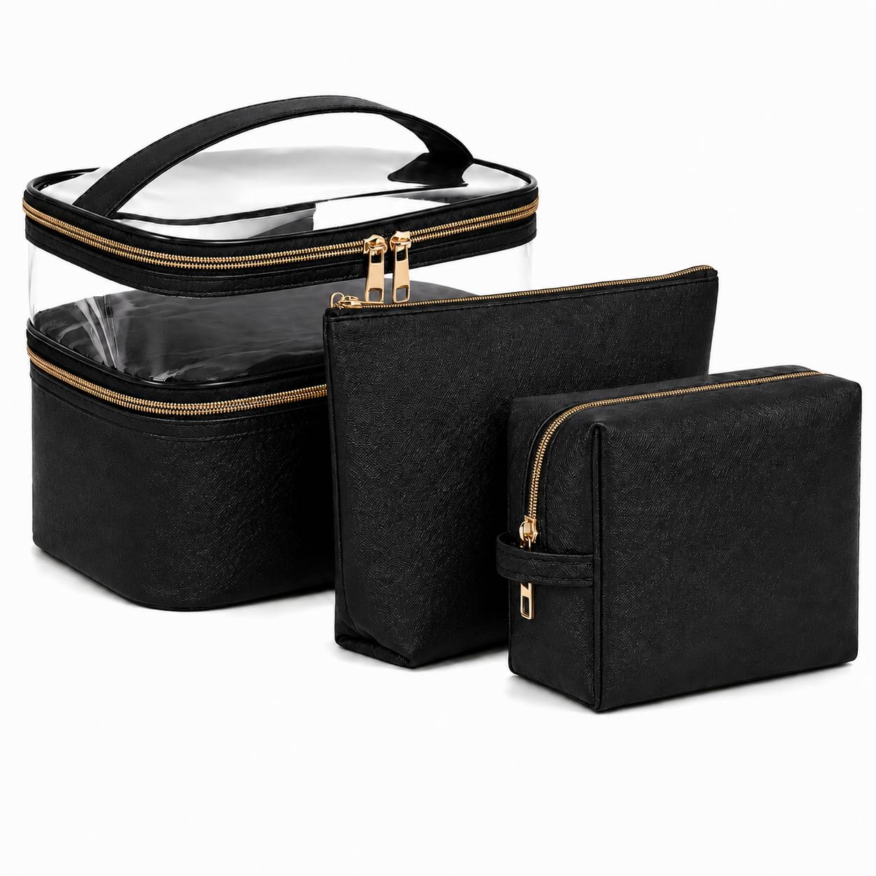 imerelez 3PCS PU Leather Makeup Bag, Large Travel Cosmetic Pouch, Cute Toiletry Organizer for Women, Black
