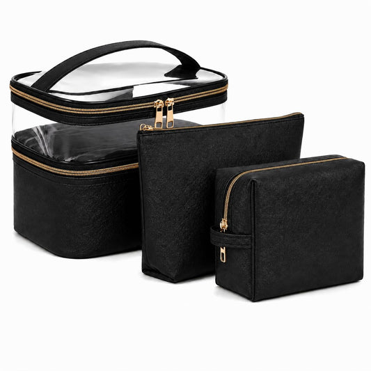 imerelez 3PCS PU Leather Makeup Bag, Large Travel Cosmetic Pouch, Cute Toiletry Organizer for Women, Black