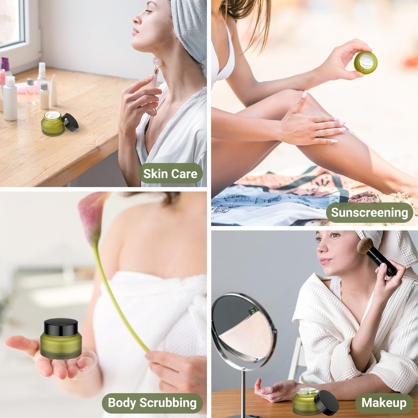 Segbeauty 1oz Green Frosted Glass Refillable Cosmetic Containers Jars with Lids, Empty Lotion Bottles with Spatulas, Travel Containers for Toiletries 4pcs 30ml, Empty Travel Size Bottles Jars