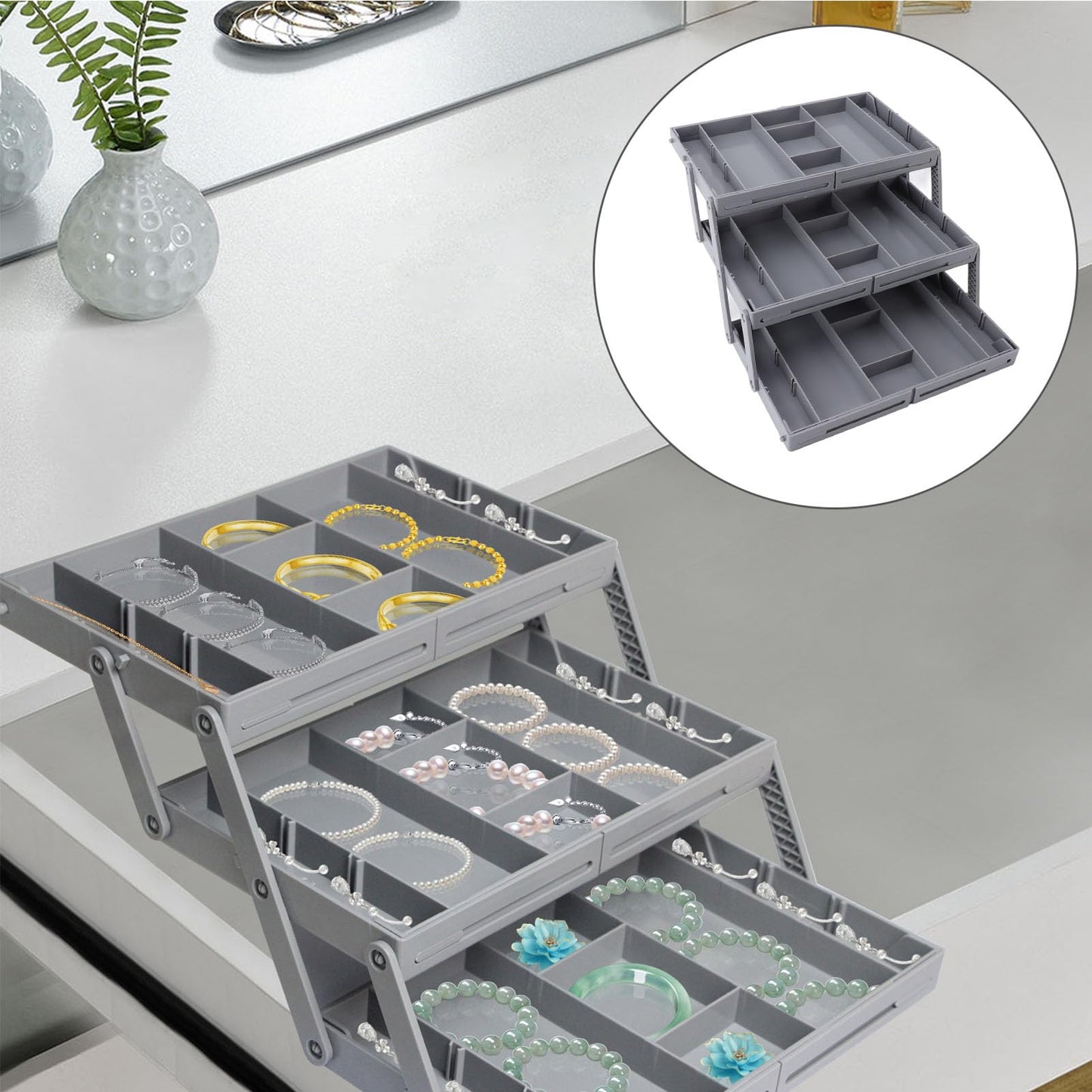 Drawer Organizer, Multi Layer Drawer Foldable Storage Box for Dresser Bathroom Kitchen Office, Expandable Folding Jewelry Organizer Tray (3 Layers)