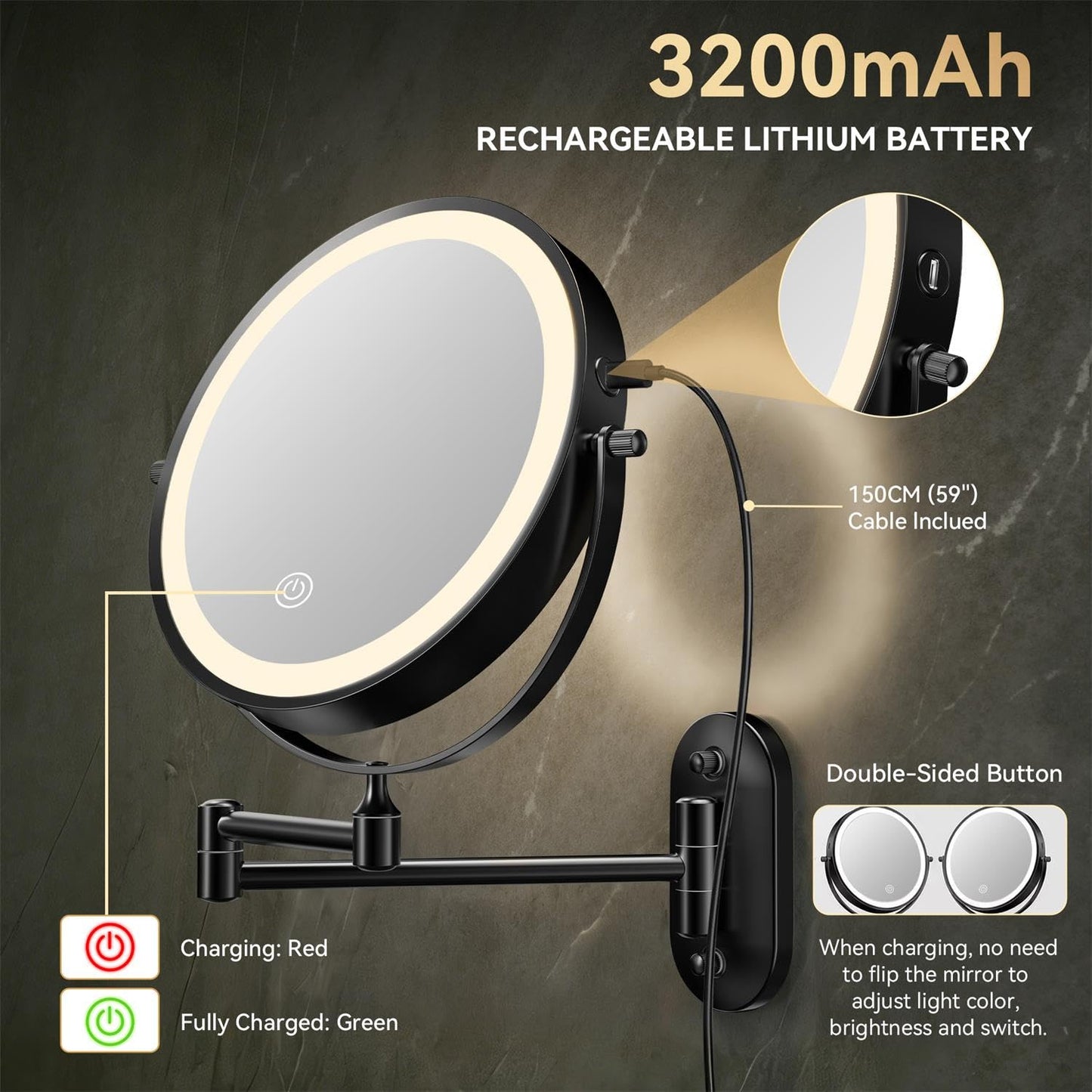 Auxmir 8'' Wall Mounted Lighted Makeup Mirror, 3200mAh Rechargeable Double-Sided 1X/20X Magnifying Mirror with Light, Touch Dimmable 3 Color Light, 360° Rotation Foldable Extended Arm, Black