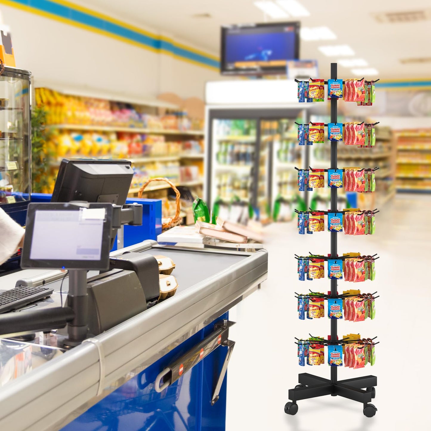 Cakokow Retail Rotating Display Stand 7 Tier, Display Rack with Hooks for Store Display Movable Shop, Display Spinner Stand for Snacks Jewelry Keyring Hats Socks Toys