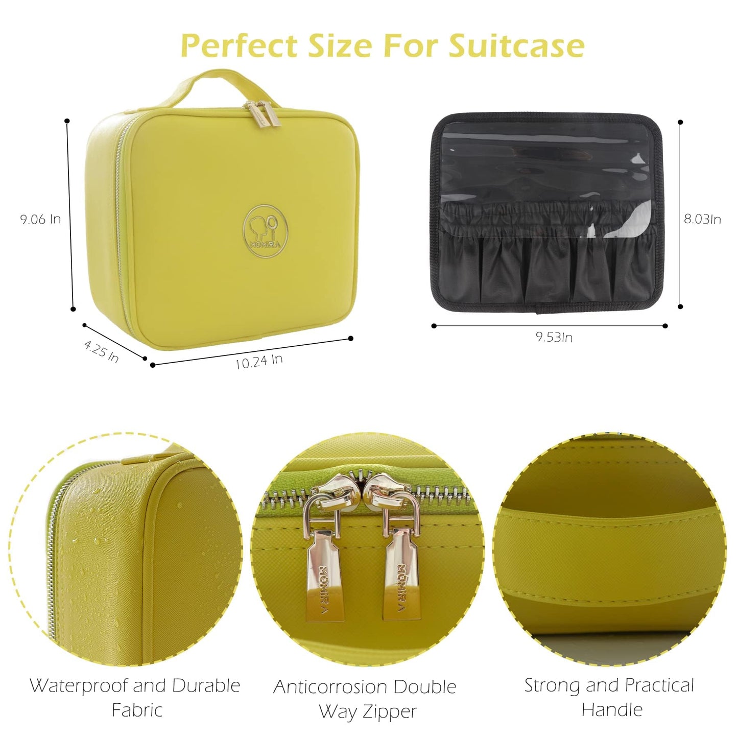 MOMIRA Travel Makeup Bag Cosmetic Bag Makeup Organizer Bag with Lighted Mirror, Adjustable Brightness in 3 Color Scenarios, Waterproof Makeup Train Case, Gift for Women - Yellow