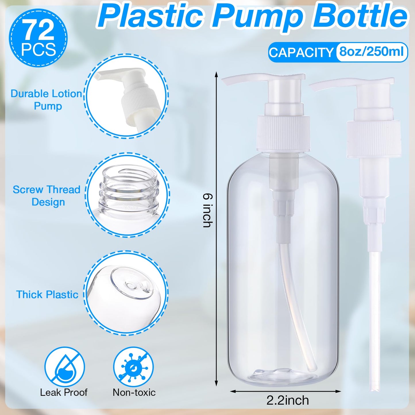 Eaasty 48 Pcs Pump Bottle Lotion Dispenser Refillable Shampoo Conditioner Hand Soap Dispenser Plastic Empty 8oz/250ml Clear Reusable Body Wash Container Bulk (Clear)