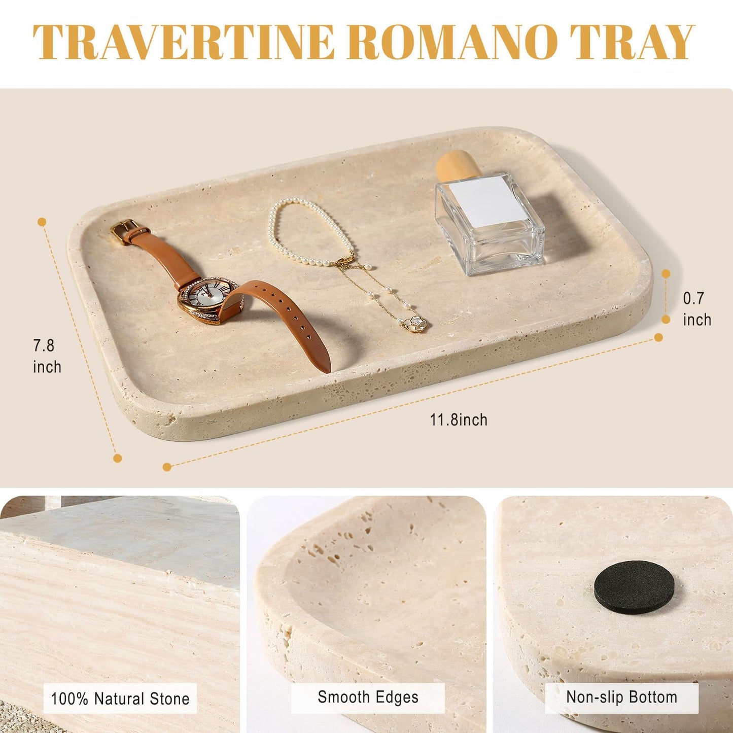 Koville Romano Travertine Tray, 12"x8" Natural Stone Vanity Tray for Countertop Bathroom Kitchen Dresser, Decorative Marble Catchall Trays for Perfume Jewelry, Rectangular Serving Tray(Beige)
