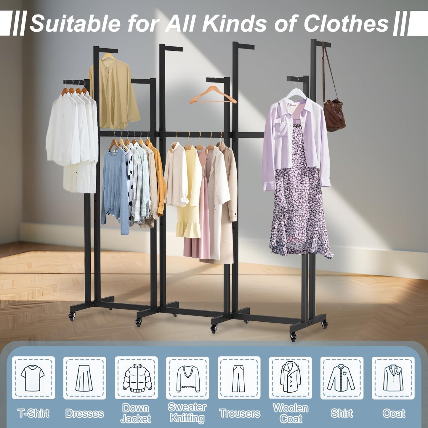 jvsufuik 8 Arm Retail Clothing Rack, Metal Clothing Display Rack for Hanging Clothes, Adjustable Height Shirt Clothes Display Stand Garment Rack with Wheels for Boutiques, Black