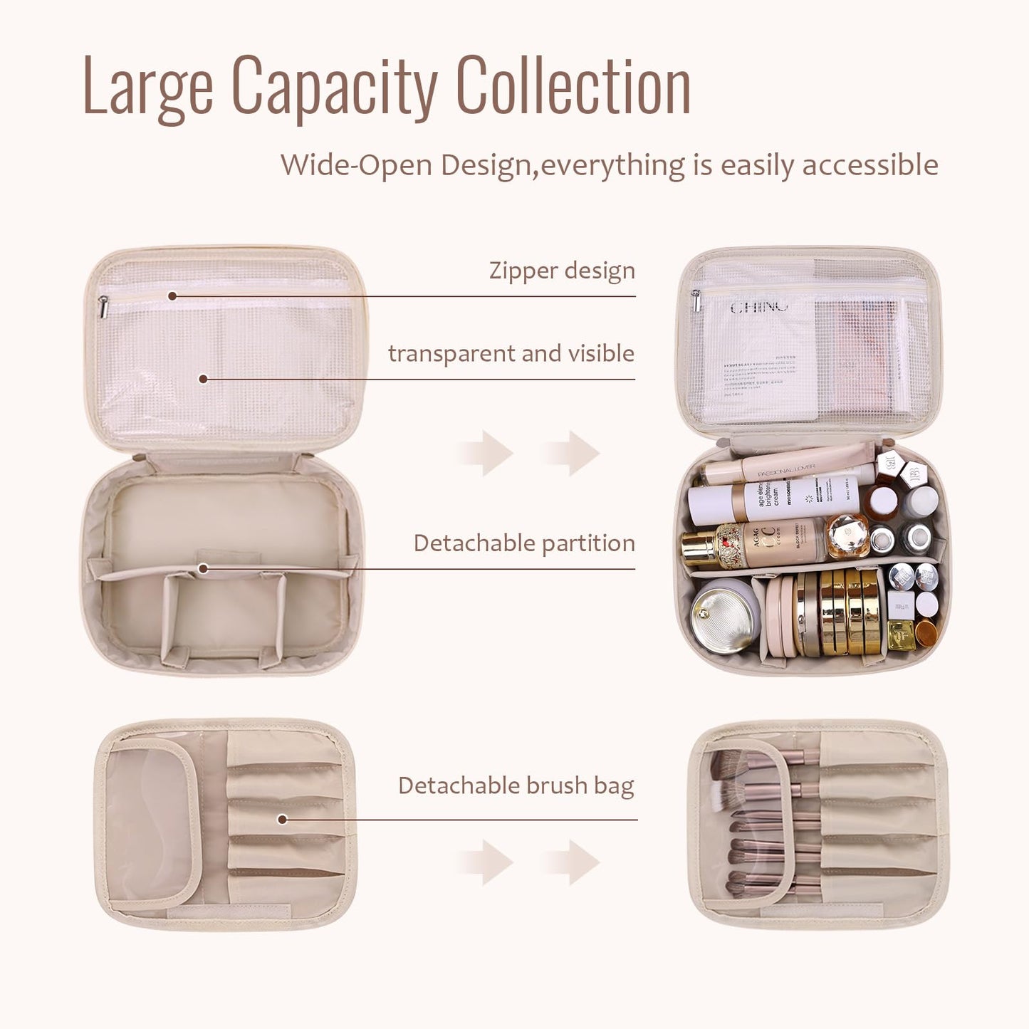 Premium Makeup Bag for Women - Large Capacity Travel Cosmetic Bag Organizer with Multiple Compartments, Water-Resistant Toiletry Bag for Daily Use & Vacation, Stylish Cosmetic Storage Pouch (White)