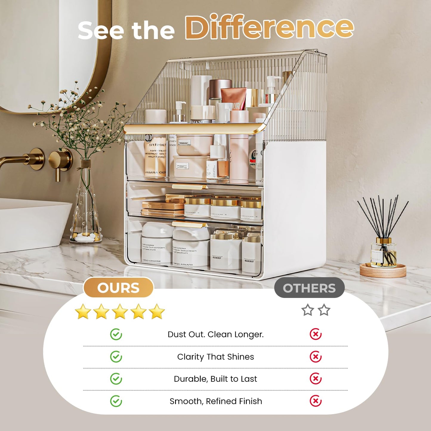 3-Tier Bathroom Countertop Makeup Organizer - Big Make Up Storage with Slide-Out Tray & Bottom Drawer, Transparent Acrylic for Cosmetics Brushes Lipsticks Skincare
