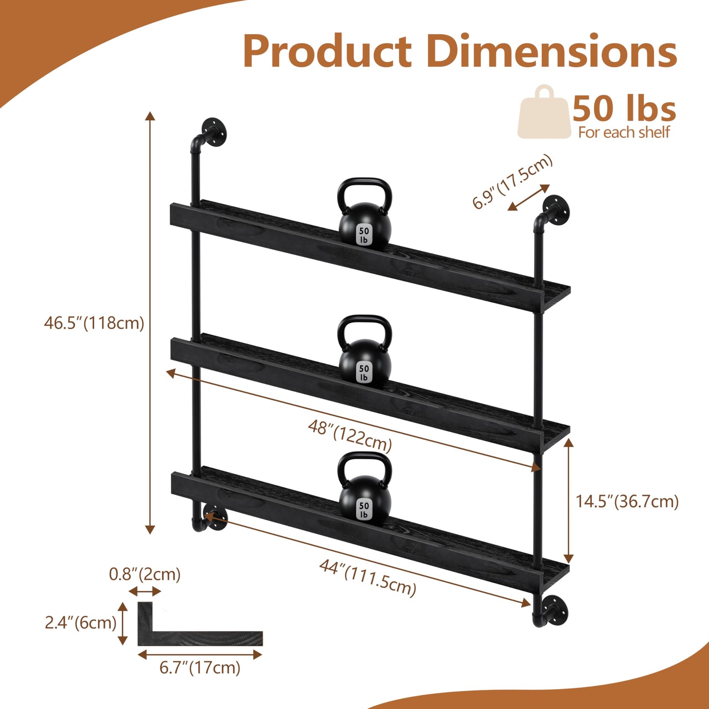 Anynice Industrial Wine Rack Wall Mounted, Solid Wood Shelf with Metal Pipe Brackets, 3-Tier Rustic Hanging Organizer for Wine Bottle Storage in Kitchen, Bar, Pub, Cellar(Black, 48 Inch)