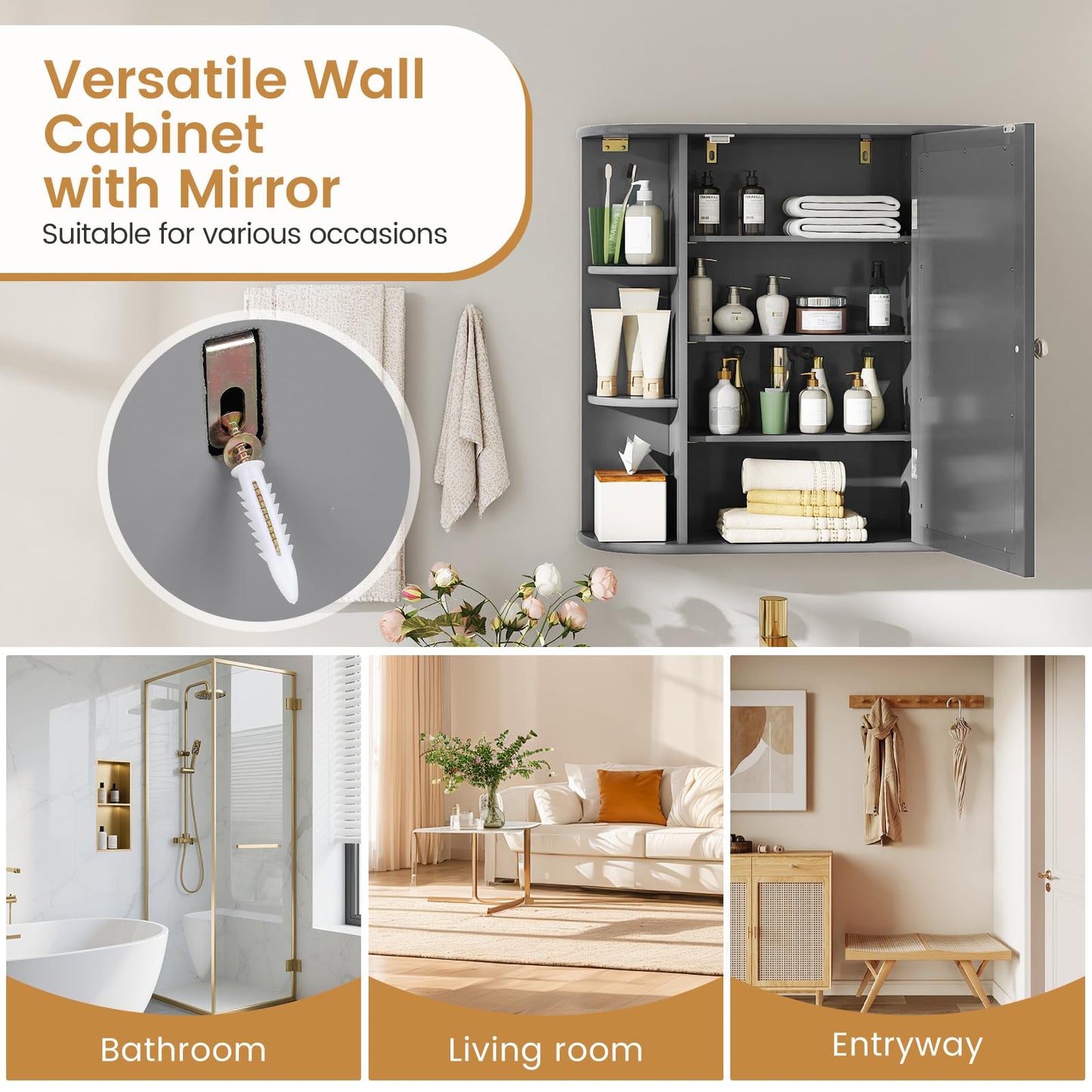 Tangkula Bathroom Wall Cabinet with Mirror, Modern Medicine Cabinet with Mirrored Door, 4 Internal Shelves & 6 Side Open Shelves, Wall Mounted Space-Saving Storage Organizer