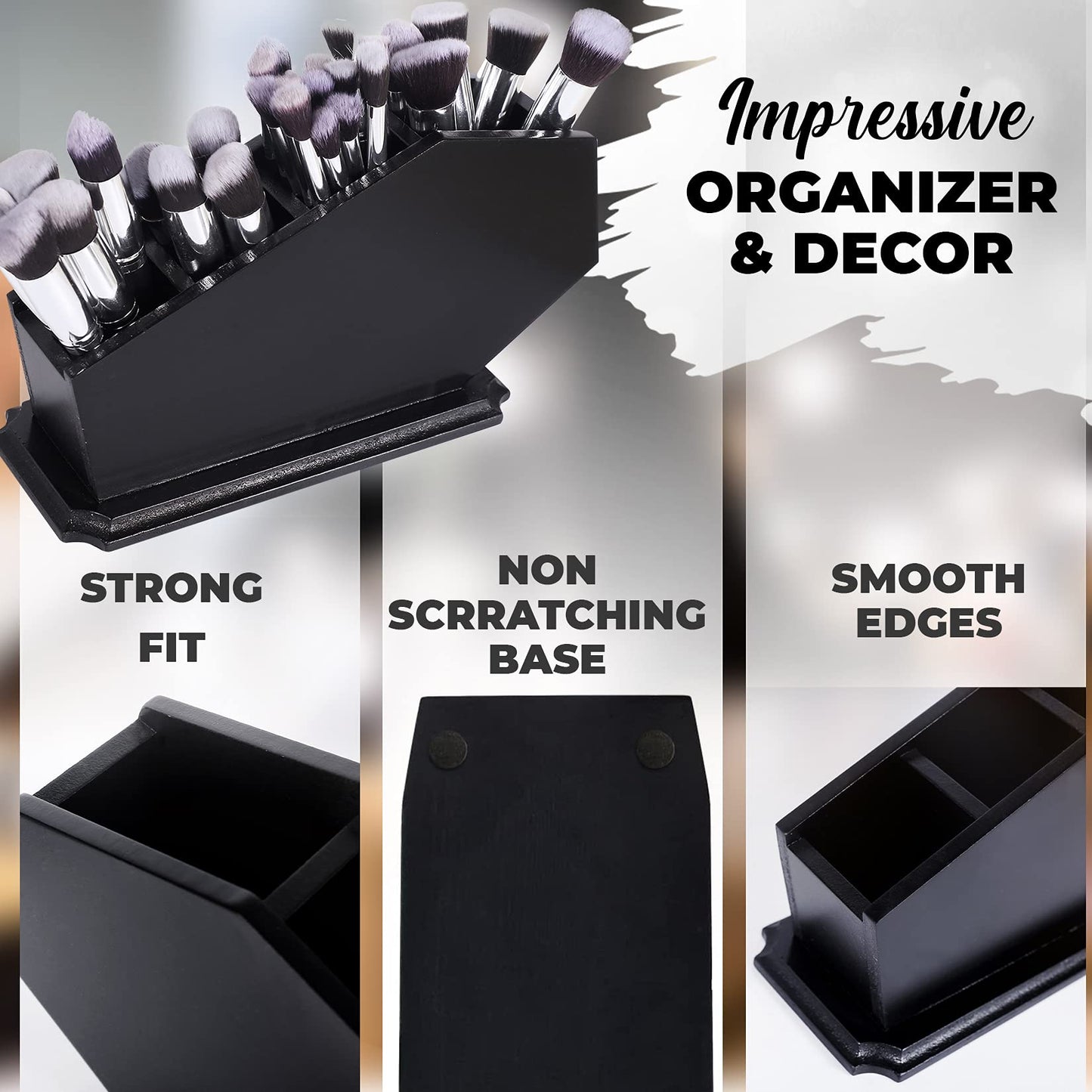 CEFRECO Coffin Brush Holder - Gothic Wooden Makeup Organizer for Vanity - Spooky Halloween Decor for Bathroom, Living Room or Bedroom - Witchy Gifts for Women -Black - 11x6x4 Inches