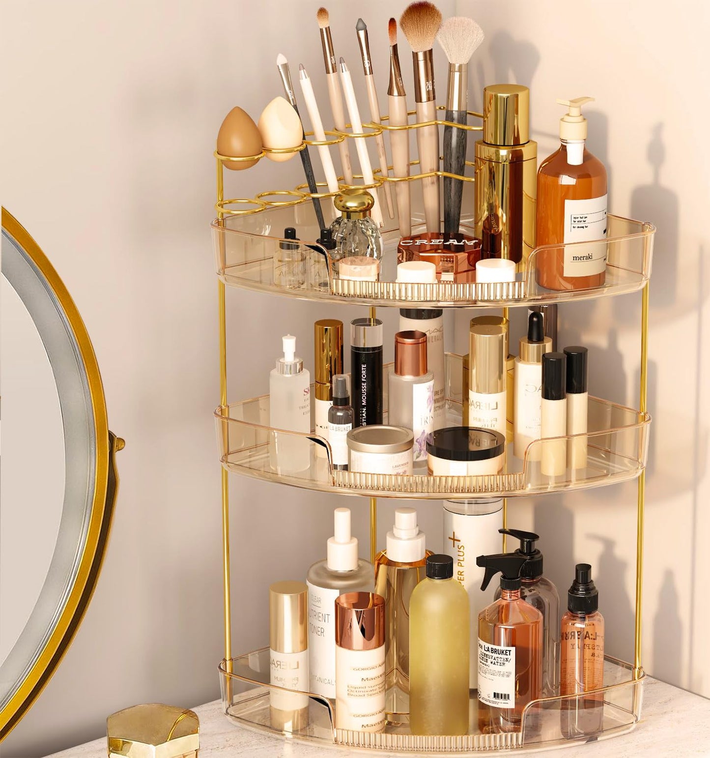 FELIZHOUSE 3-Tier Corner Bathroom Counter Organizer, Bathroom Countertop Shelf Makeup & Skincare Storage with Brush Holder for Vanity, Dresser, Kitchen - Amber