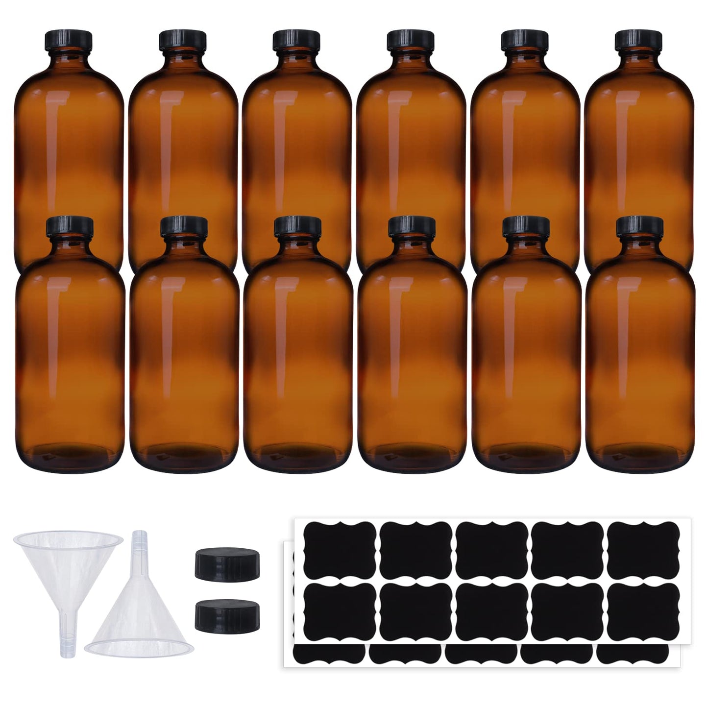 HWASHIN 12 Pack 16 oz Amber Boston Round Glass Bottles with Black Caps for Secondary Kombucha Fermentation and Lab Chemicals (2 Funnels and 20 Pieces Black Chalkboard Labels Included)