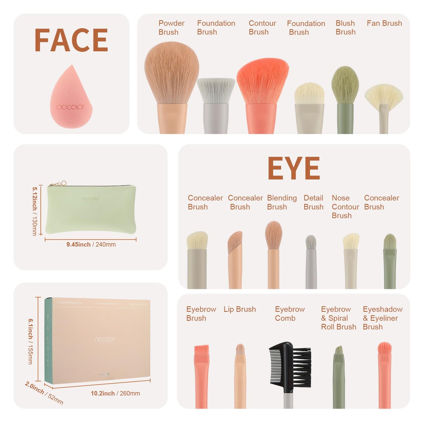 Docolor Makeup Brushes 17+2 Pcs with Makeup Bag and Makeup Sponge and Brush Protector Morandi Makeup Brush Set Premium Synthetic hair makeup brush Wooden handle Gift Box