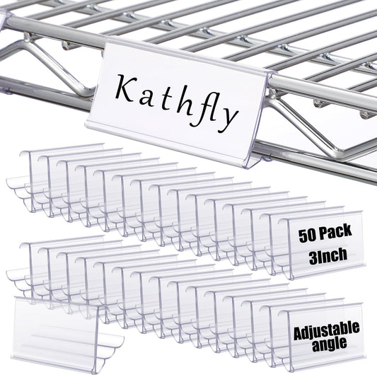 Kathfly 50 Pack Wire Shelf Label Holders Shelf Cable Tags for Wire Shelving 3 Viewing Angles 3" Adjustable Clear Plastic Rack Label Holder Retail Clips Compatible with 1-1/4in Metro Shelving