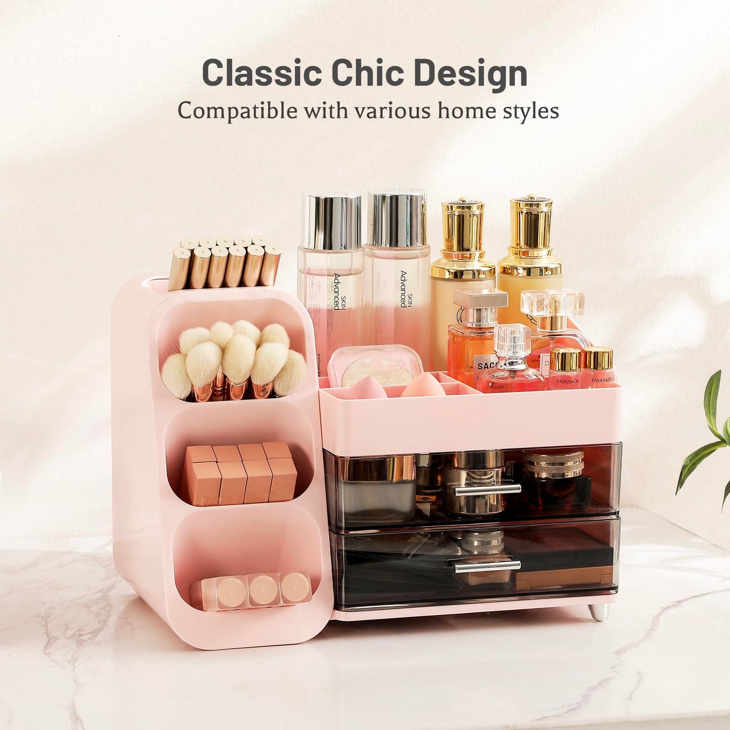 Aveniee Makeup Organizer with Drawers, Vanity Organizer for Bathroom Countertop, Large Cosmetics Skincare Display Case Desk Storage for Perfume Jewelry Lipsticks (Pink)