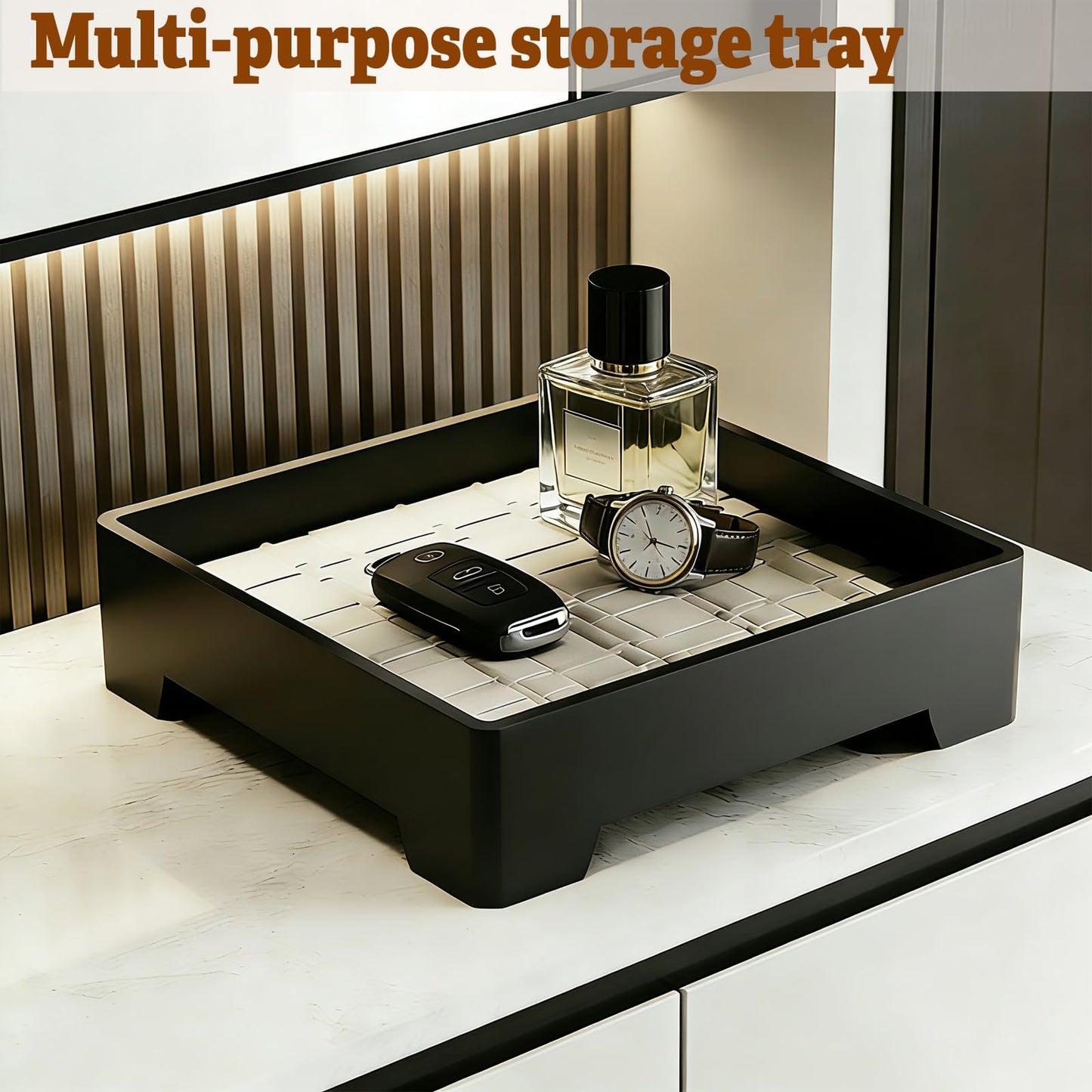 7-Inch Square Decorative Tray, Multi-Purpose Organizer for Keys, Cosmetics, Jewelry, Snacks, Modern Minimalist Style (Black + White mat)