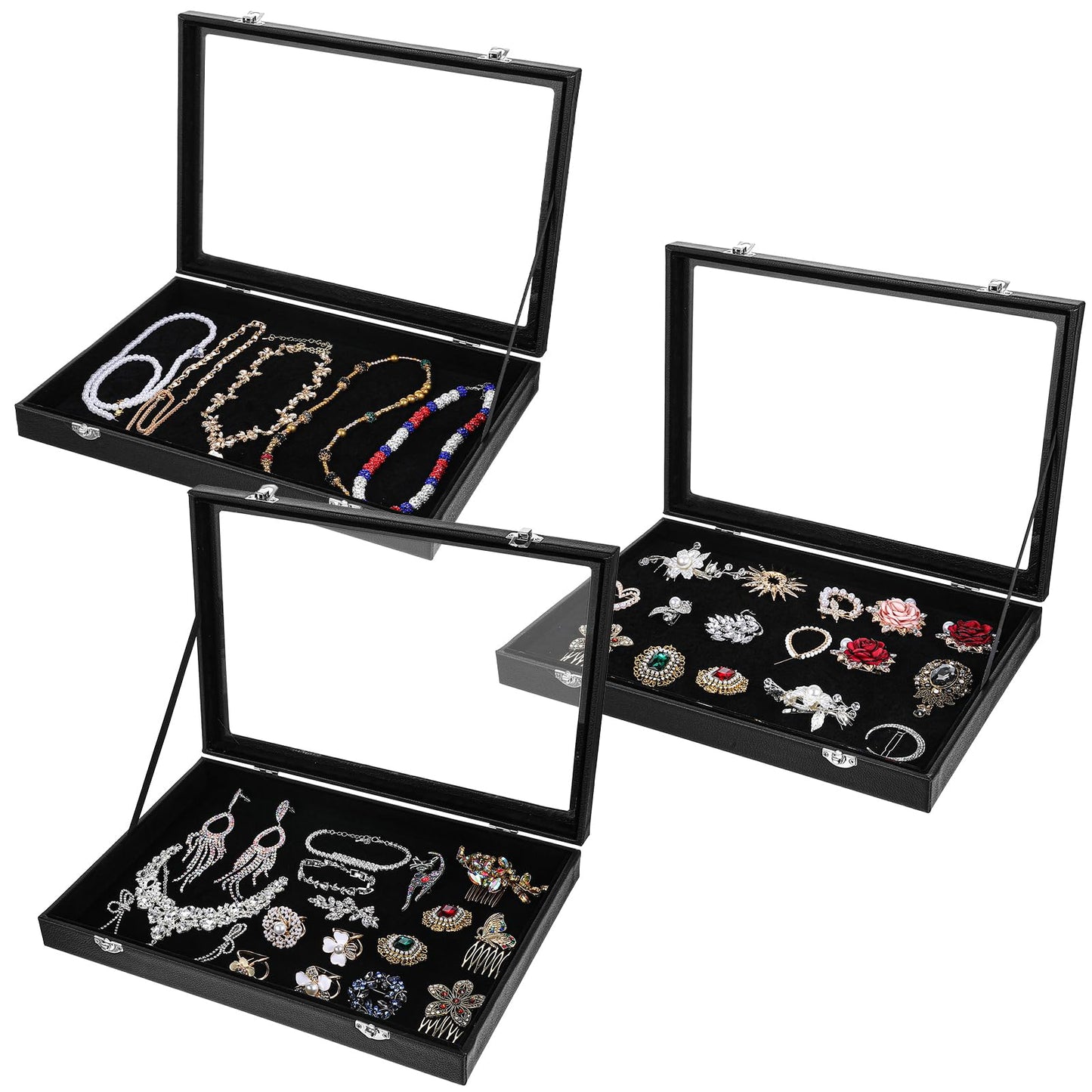 Leooomap 3 Pieces Jewelry Organizer Box, Black Velvet Blank Display Tray Case with Lid, 13.8 x 9.5 x 2 Inch Wooden Jewelry Display Case for Necklaces, Rings & Collectibles