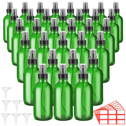 Fumete 36 Pcs Glass Spray Bottles 4oz Fine Mist Glass Spray Bottle Refillable Liquid Containers with 6 Labels 6 Funnel for Hair Travel Plants Cleaning Solutions Skin Care(Green,Classic)