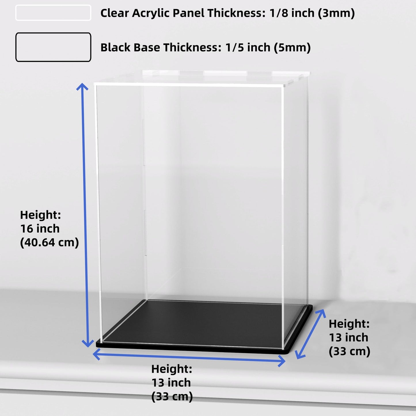 CRMPro Acrylic Display Case with Matt Black Base and Lid, Dust-Proof Acrylic Box, Flat Showcase Counter-Tops Box for Figures, Toys and Colletables (13x13x16 inch)