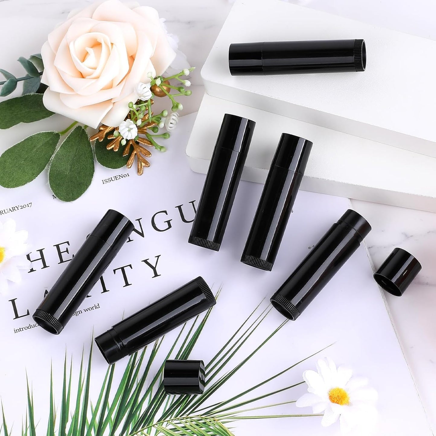GBACHOOSE 100 Pack Empty Lip Balm Tubes, 5ml/5g Black Chapstick Containers with Filling Tray and Spatula, Twist-Up Refillable Lip Balm Containers for DIY Lip Balm, Lipstick, Solid Perfume