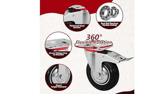 4 Inch Caster Wheels Set of 4, Heavy Duty Casters with Brake, Rubber Locking Casters for Cart, Workbench,Black (4"(2 Fixed+ 2 Swivel with Brake), 4)