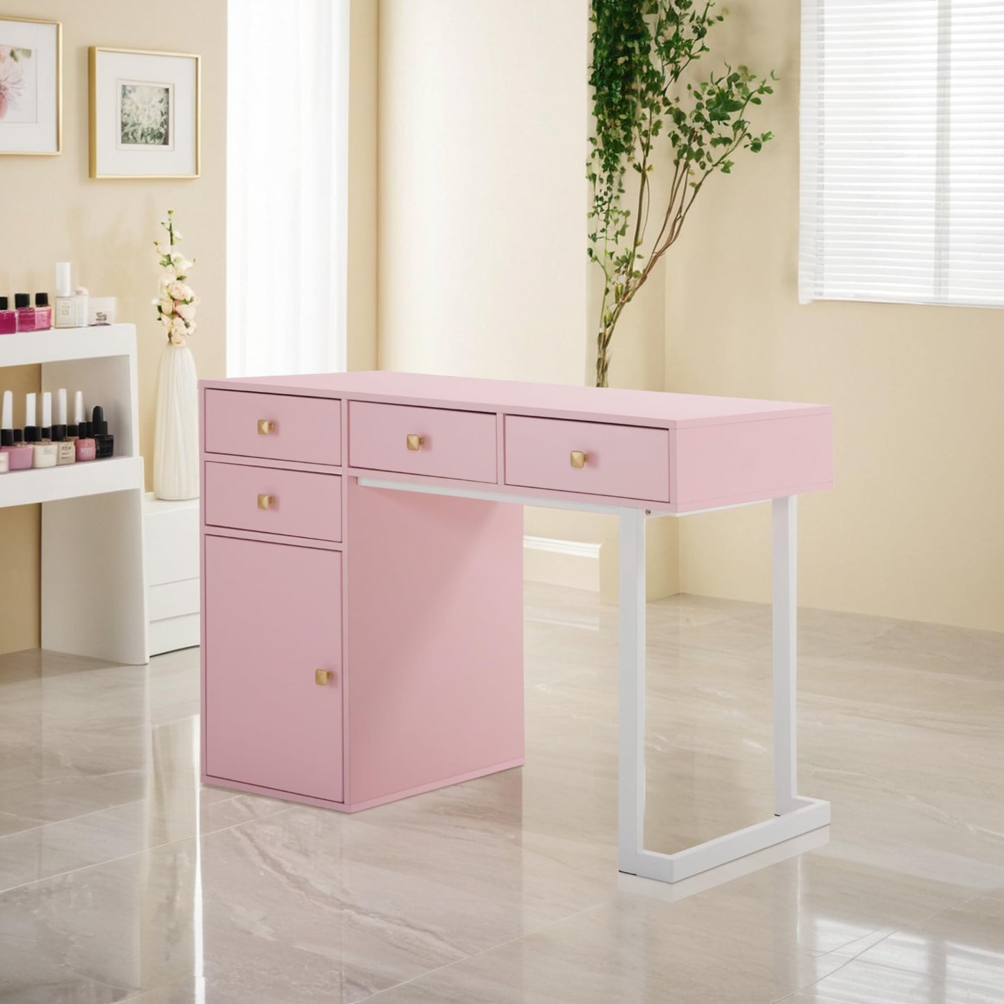 BarberPub Manicure Table with Storage Drawers, Nail Salon Desk for Nail Tech, Makeup Station with Round Handles, Beauty Equipment with Display Open Space 2990 (White&Pink)