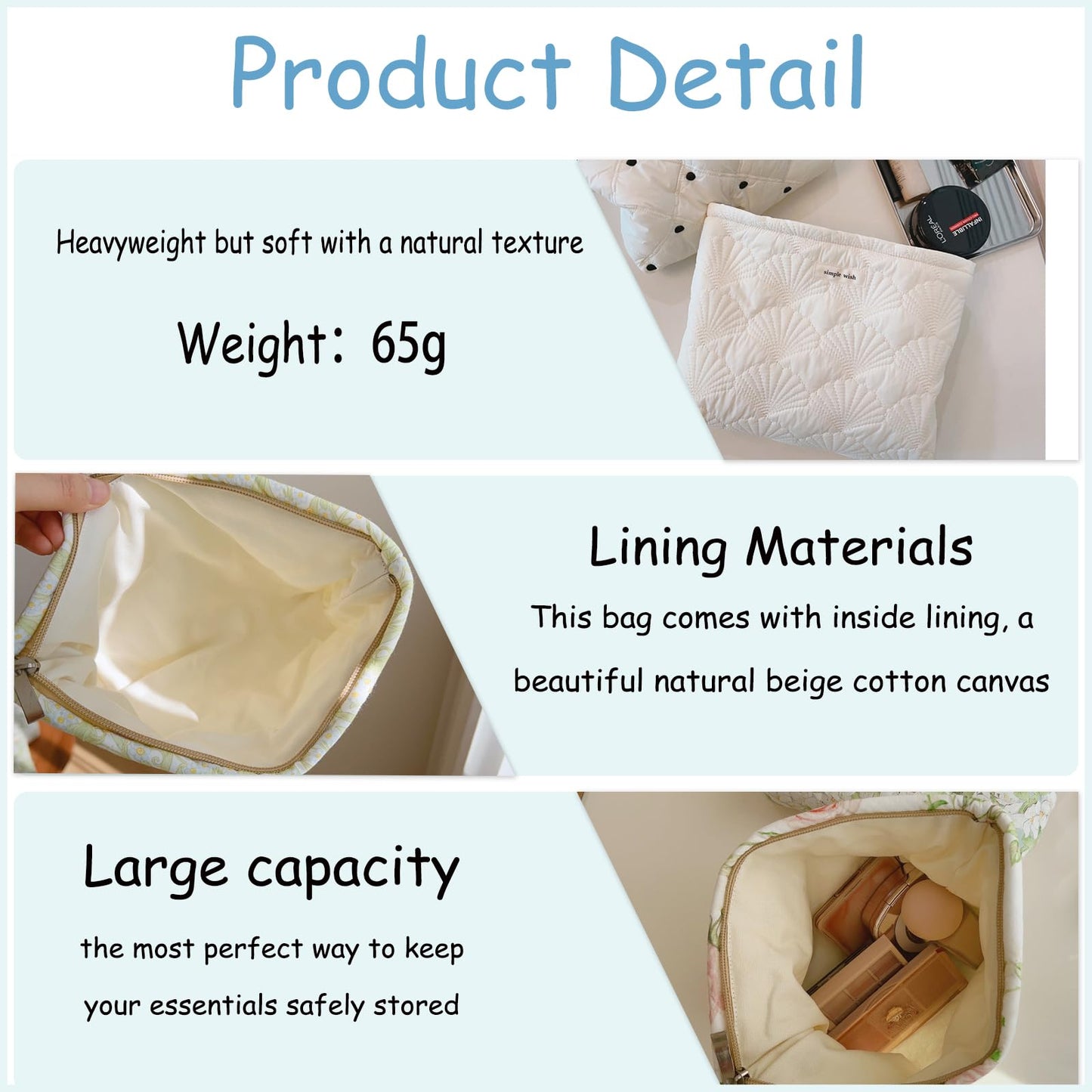 uekeboag White Quilted Cotton Makeup Pouch,Coquette Quilted Toiletry Bag for Women and Girls, Floral Coquette Organizer Bag, Aesthetic Travel Cosmetic Bags(03White Shells)