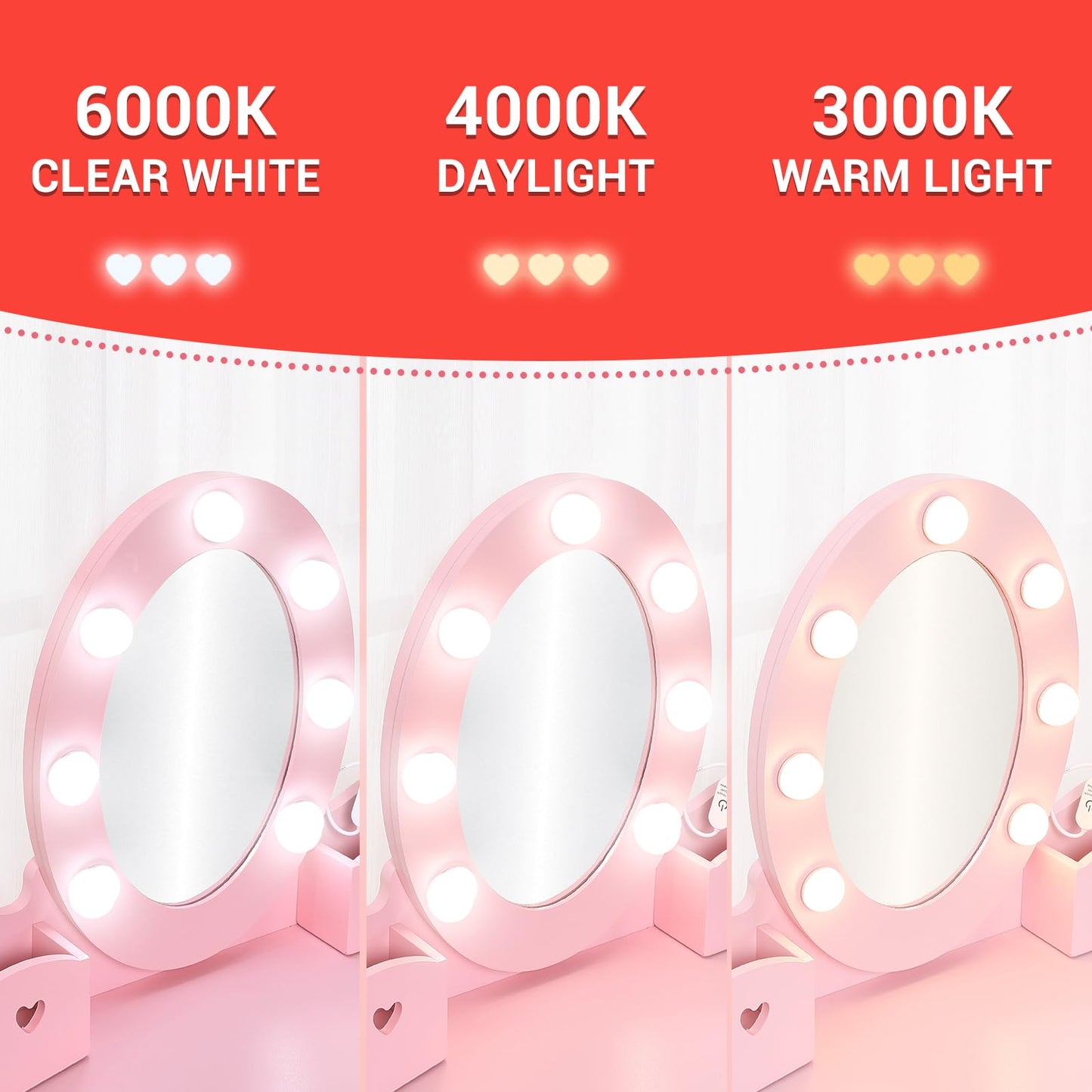 GarveeHome Kids Vanity with Lighted Mirror, Toddler Vanity Table and Chair Set, Girls Makeup Playset, Pink