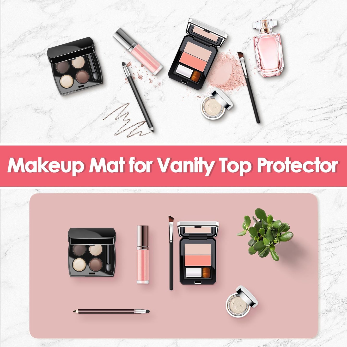 Makeup Mat for Vanity to Protect Desk Top 23.6 x 11.8 in, Dual-Sided Makeup Mat, Easy to Clean Desk Pad - Waterproof and Oilproof Vanity Accessories (Pink and Silver)