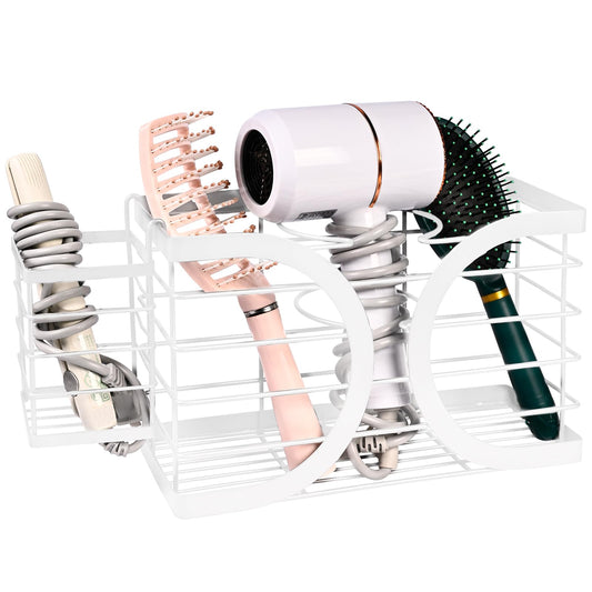 ziroland Elegant White Wall Mounted Hair Dryer Holder - Stylish Bathroom Organiser for Hair Dryer & Straightener, Hair Brush & Accessories