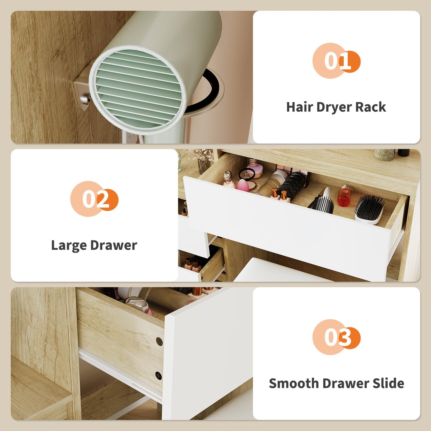 Vanity Desk with Mirror and Lights, Makeup Vanity with Adjustable Lights, Power Outlet & Storage: Dressing Table with Mirror, 4 Drawers, Shelves and Stool for Bedroom