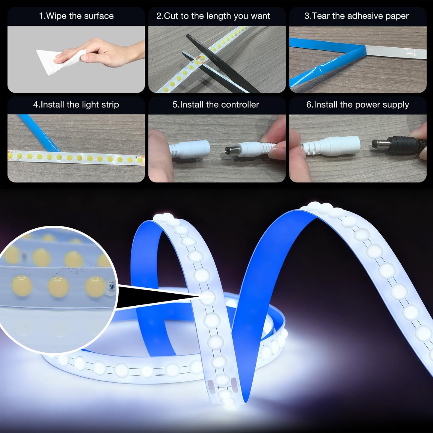 phopollo White LED Strip Lights, 18ft Dimmable 6500k Daylight White Led Light Strip, 840 LEDs Flexible Led Lights for Bedroom, Mirror, Kitchen Decoration