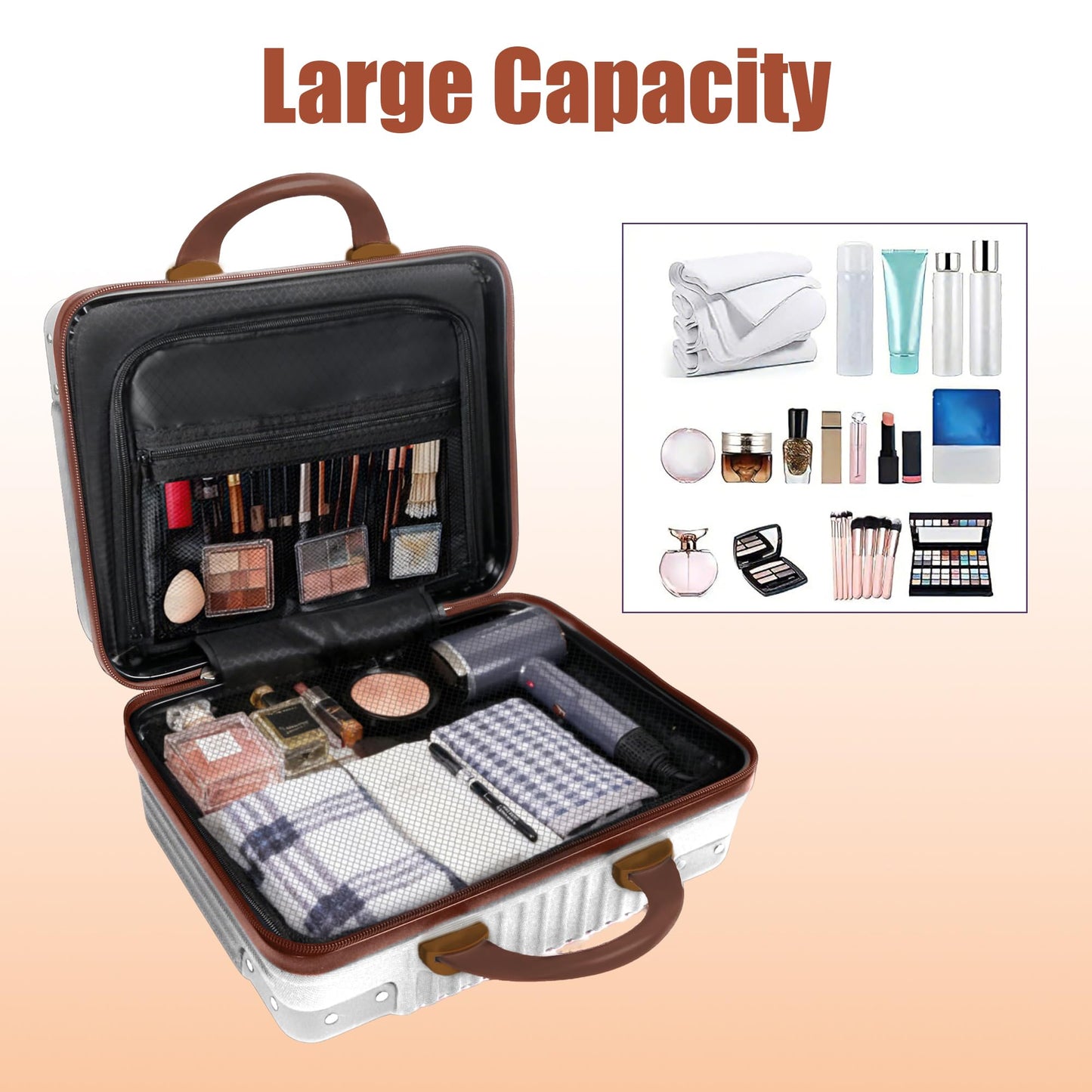 Feybaul Vanity Case, 14 Inch Hard Shell Makeup Travel Suitcase with Elastic Strap for Luggage Handle, Small Cosmetic Train Case & Toiletry Organizer Box for Women Girls (Beige)