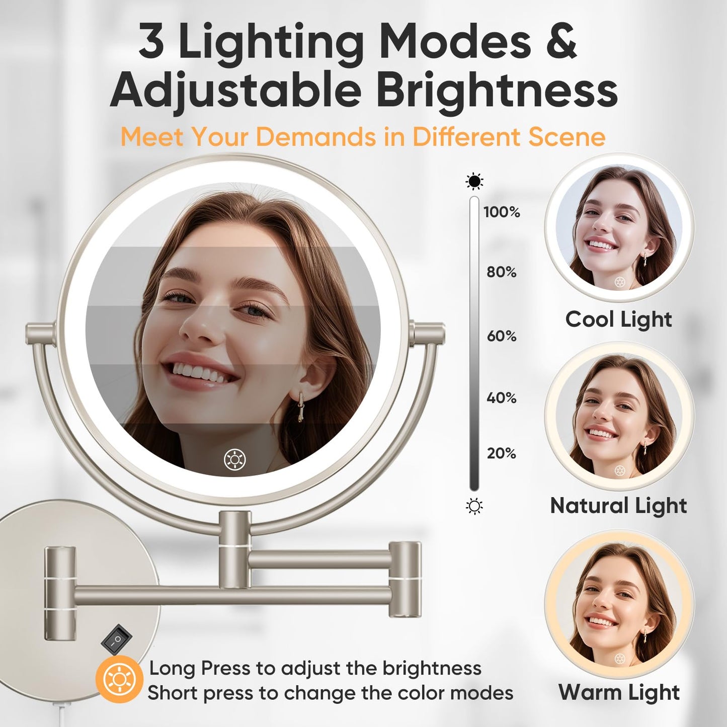 FUNTOUCH 1X/30X Wall Mounted Lighted Makeup Mirror,AC Plug in Powered Double Sided Magnifying Bathroom Mirror with Lights,3 Color Lights Mode,Touch Dimmable,Extended Arm 360 Rotation Light up Mirrors