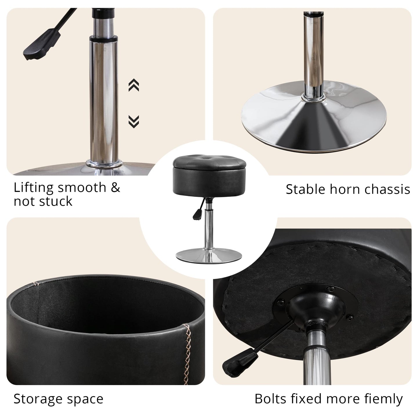 LUE BONA 360°Swivel Vanity Stool Chair for Makeup Room, Height Adjustable Stool for Vanity with Storage, Small Black Faux Leather for Bathroom, Living Room