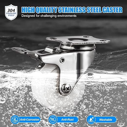 2 Inch Stainless Steel Caster Wheels Set of 4, Rustproof 360° Swivel Casters with Brake, Silent and Floor-FriendlyThermoplastic Rubber Wheels for Furnitures,Labs,Hospitals,Restaurants