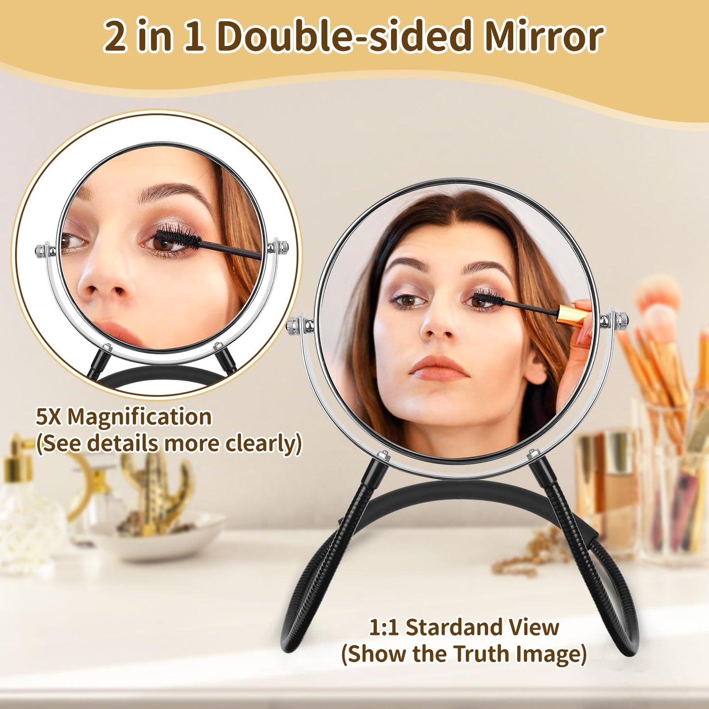 Double-Sided Mirror to See Back of Head, Hands Free Adjustable Mirrors Hung Around The Neck, Two Way Mirror for Women Man Makeup, Self Haircut, Standard Viewing and 5X Magnification 360° Mirrors