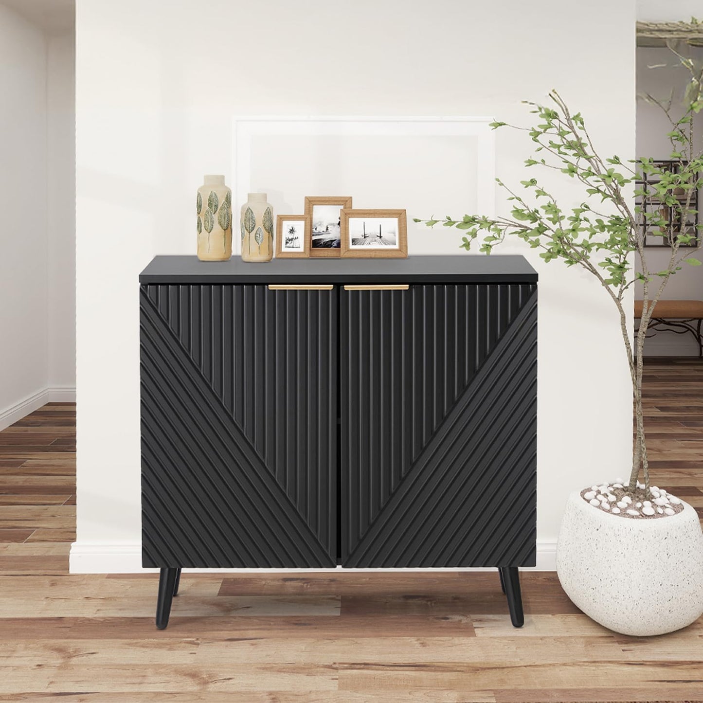 HOMHUM Fluted Black Storage Cabinet with Doors, Wood Sideboard Buffet Cabinet with Adjustable Shelf, Modern Accent Table for Living Room, Entryway