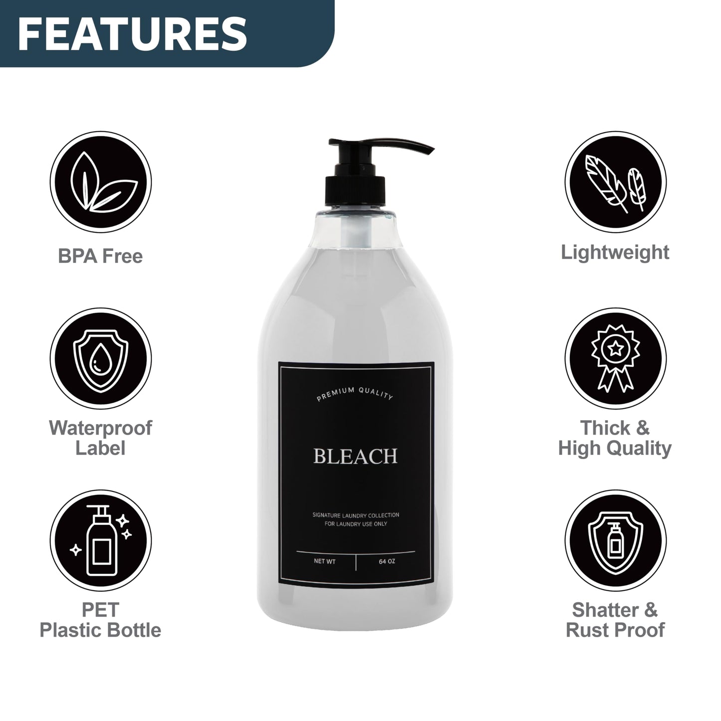 Calindiana Modern Farmhouse Bleach Liquid Laundry Detergent Dispenser for Laundry Room Decor and Organization, PET Plastic Landry Soap Containers with Water Resistant Label, Clear 64oz