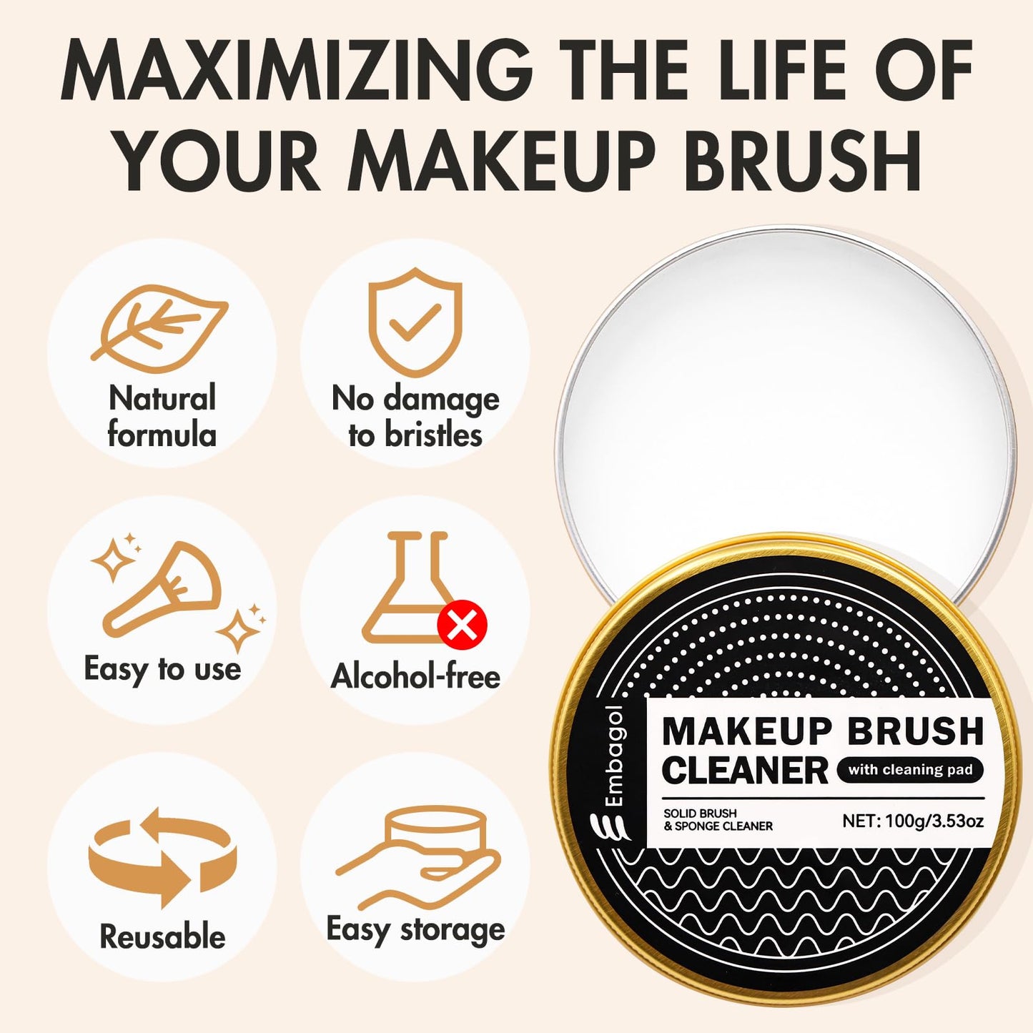 Embagol Makeup Brush Cleaner Mat + Solid Brush & Sponge Soap, Brush Cleaner Bowl & Makeup Brush Cleanser, 3 in 1 Makeup Organizer, Vegan, Deep Cleaning, No Residue(2-piece set, 100g/3.53oz + Khkai)